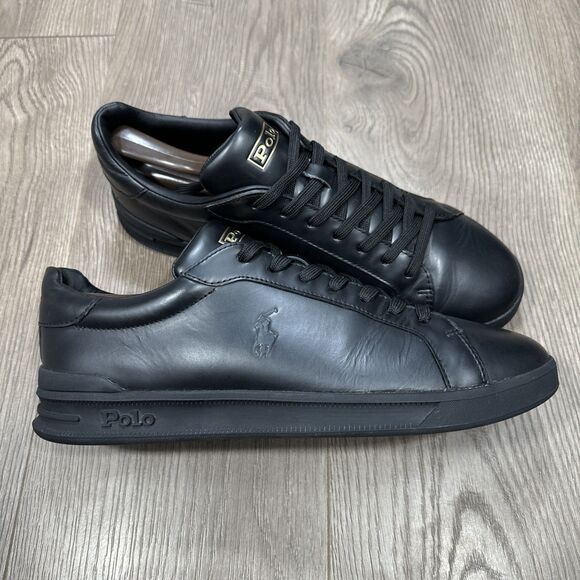 Polo Ralph Lauren Heritage Court II Low Shoes Black Gold Leather Mens Size 10 - Picture 1 of 8